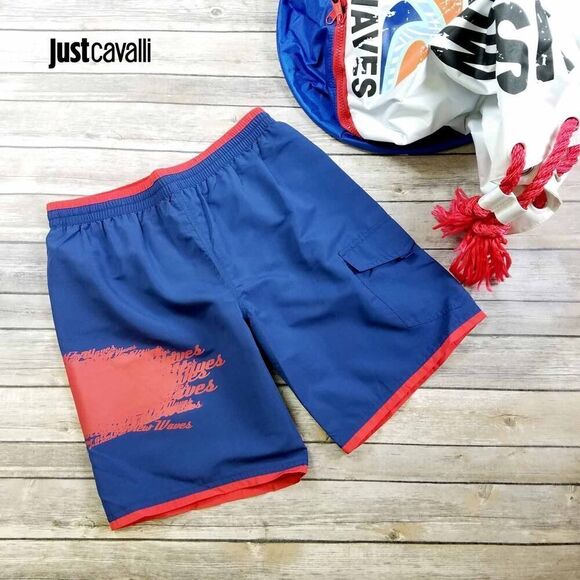 New Just Cavalli Men XXS / 44 Navy & Red Board Swim Shorts Beach Trunks + Pocket - Picture 4 of 6